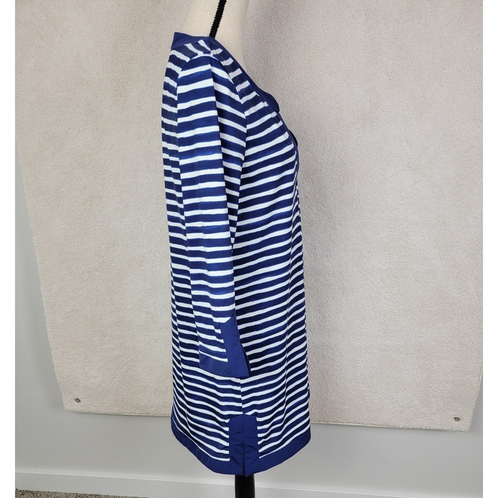 Aqua et Sol Striped Tunic Dress Women L Navy Blue White Split V-Neck Travel - Picture 8 of 12